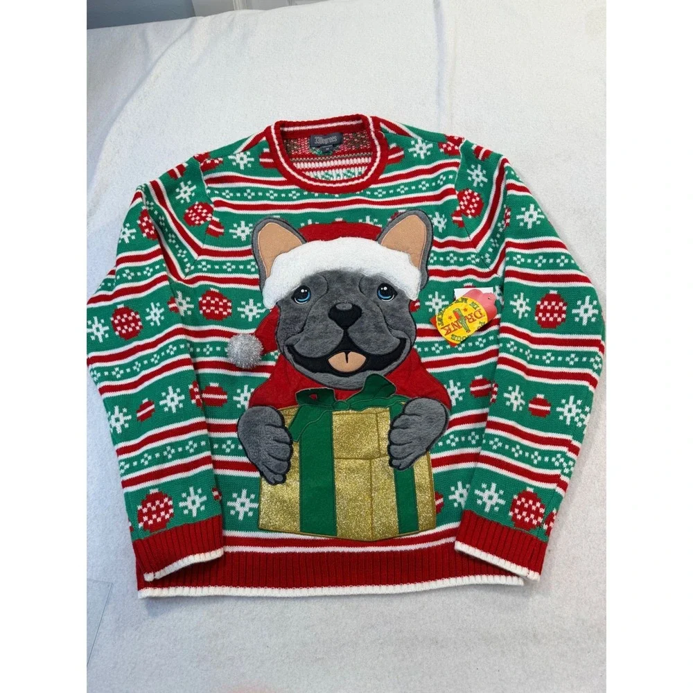 33 Degrees Mens French Bulldog Ugly Christmas Sweater Red Green Fair Isle Size M